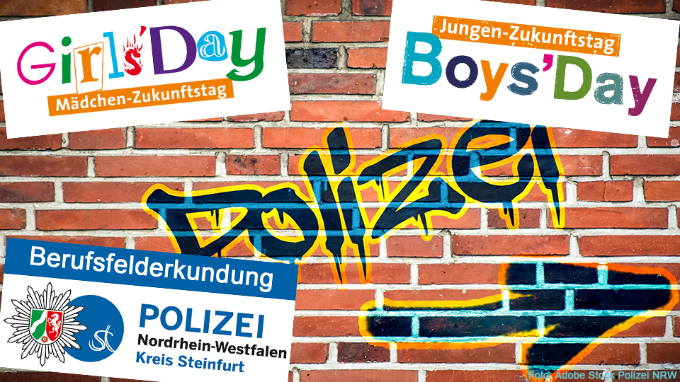 Ein Symbolfoto mit einer Mauer, auf der in Graffiti-Schrift Polizei zu lesen ist. Ein Pfeil als Graffiti zeigt nach rechts aus dem Bild heraus. Drei Logos auf dem Bild verweisen auf den Girl's Day, den Boy's Day und die Berufsfelderkundung bei der Polizei Steinfurt. 