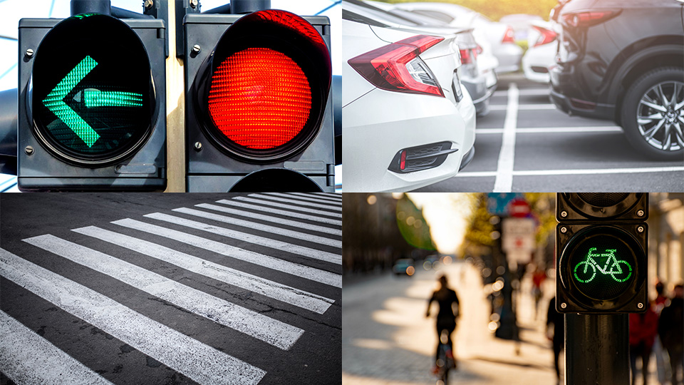 Vier Bilder. Auf dem ersten ist eine Ampel mit einem roten Licht für geradeaus und mit einem grünen Pfeil für links zu sehen. Das zweite Bild zeigt eine Parkplatz mit mehreren Autos in Parklücken. Das dritte Bild zeigt einen Zebrastreifen. Auf dem vierten Bild ist eine Fahrradampel auf Grün zu sehen, außerdem ein Stück Straße mit einem Radfahrer. 