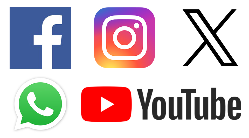 Fünf Symbole der Sozialen Medien sind zu sehen: Facebook, Instagram, X, WhatsApp und YouTube. 