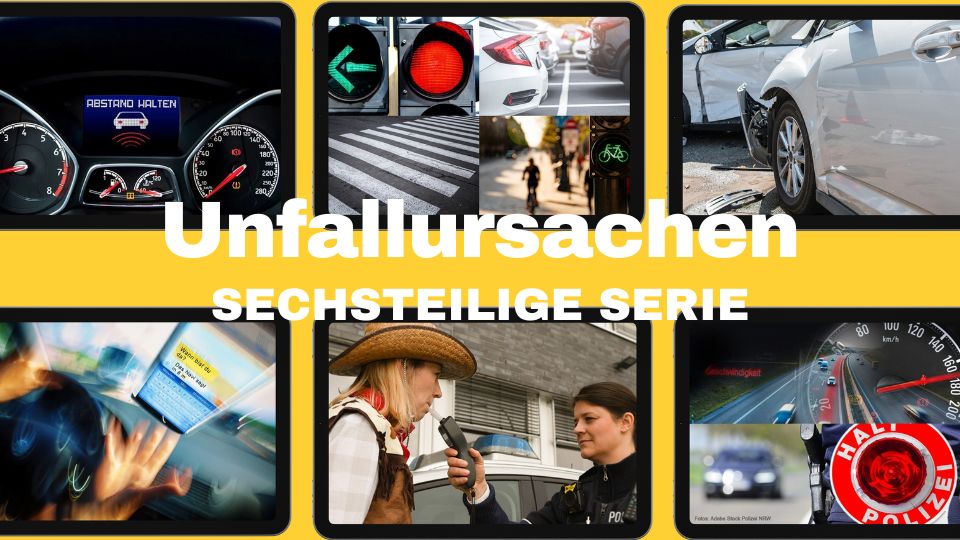 Eine Collage von sechs Bildern zu den Hauptunfallursachen. Symbolbilder zu einer sechsteiligen Serie der Kreispolizei Steinfurt. 