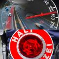 Im oberen Bildrand ist im Hintergrund eine Autobahn zu sehen. Im Vordergrund ein Tacho, der eine Geschwindigkeit von 170 km/h anzeigt. Im unteren Teil des Fotos ist unscharf eine Pkw zu erkennen, daneben ist eine Polizei Anhaltekelle.