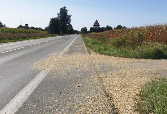 Gehäckselte Maisreste auf der Fahrbahn können zu Unfällen führen. Bild: Polizei Steinfurt