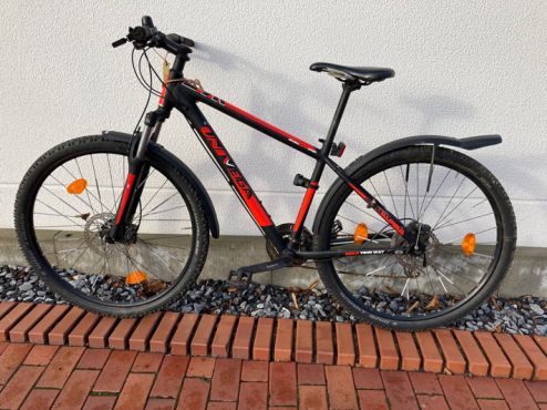 Ein Jugend-Mountainbike lehnt an einer Wand. 