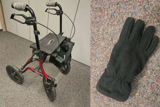 Links ist ein Rollator zu sehen, mit roten Stangen sowie schwarzen Griffen, Rädern und Korb. Rechts liegt ein schwarzer Winterhandschuh. 