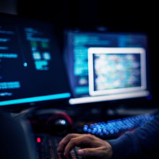 Ein Krimineller, der nur zur unerkannt zu sehen ist, sitzt vor mehreren Computerbildschirmen und tippt in eine Tastatur. 